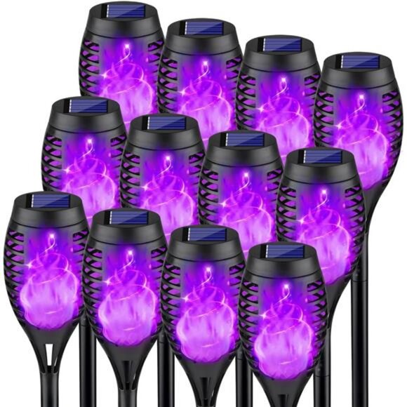 Purple Halloween Pathway Lights with Flickering Flame, 12Pack Solar Lights - Picture 1 of 7